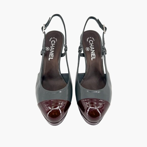 Chanel Gray Burgundy Patent Cap Toe Slingback Platform Pumps Size 37.5 US 6.5–7 - Picture 2 of 15